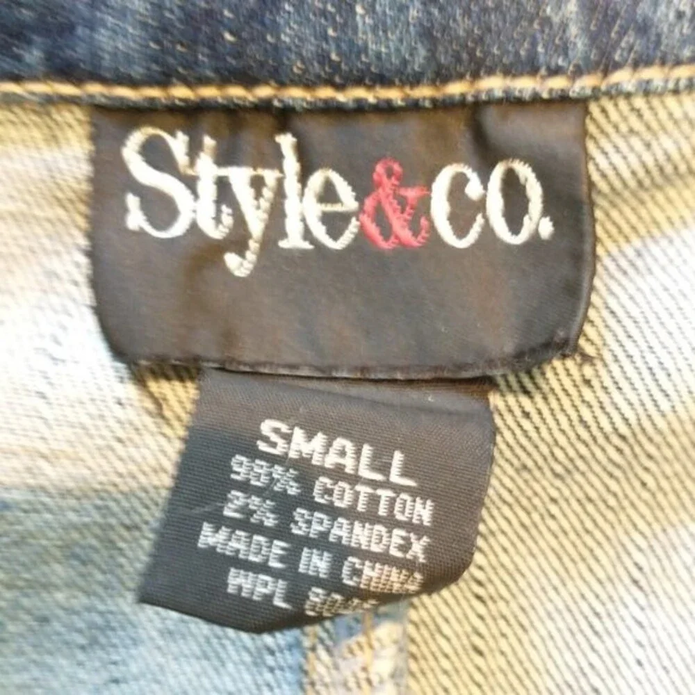 Style & Co Denim Jean Blazer Jacket with Bling Rhinestone Buttons Size S Stretch